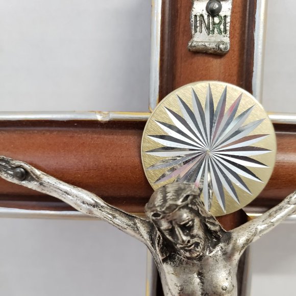 Wood Crucifix ,Silver Resin Corpus Wall Cross 8" - Picture 4 of 5